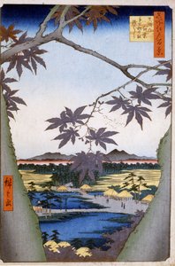 Ahornbäume zu Mama mit Tekona-Tempel und Tsugi-Brücke. 1857. Drucke von Katsushika (Utagawa) Hiroshige (1797-1858).