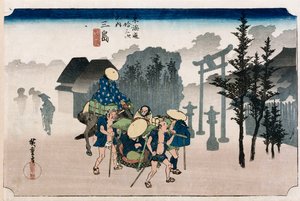 Morgennebel in Mishima, aus der Serie "Die dreiundfünfzig Stationen des Tokaido" von Ando or Utagawa Hiroshige