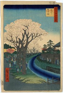 Druck zeigt Touristen, die Kirschblüten entlang des Ufers des Tama-Flusses in Edo betrachten, Holzschnitt von Ando Hiroshige von Ando or Utagawa Hiroshige