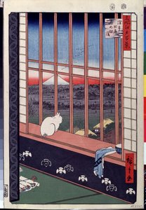 Serie "Die hundert berühmten Ansichten von Edo": "Die Reisfelder von Asakusa während des Hahnenfestes, eine Katze sitzt auf dem Fenstersims". Druck von Utagawa Hiroshige (1797-1858) 19. Jahrhundert, Puschkin-Museum, Moskau