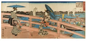 Abendrot an der Ryogoku-Brücke aus der Serie Acht Ansichten berühmter Orte in Edo (Holzschnitt auf Papier)