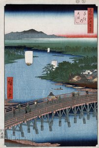 Die große Brücke von Senju über den Sumida-Fluss, mit Bergen im Hintergrund, Holzschnitt von Ando Hiroshige