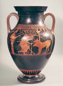 Attische rotfigurige Bauchamphore, die Herakles bei der Gefangennahme von Kerberus zeigt, griechisch, aus Athen, 6. Jahrhundert v. Chr.