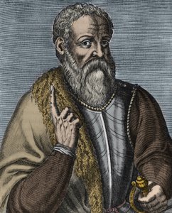Hernando Cortez oder Cortes (1485-1547) spanischer Konquistador, Gravur nach Andre Thevet (1516-1590) - Porträt des Konquistadors Hernan (oder Hernando) Cortes oder Fernand Cortez (1485-1547) von Andre (after) Thevet