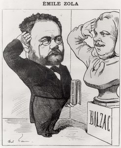 Karikatur von Emile Zola (1840-1902), der eine Büste von Honore de Balzac (1799-1850) salutiert, 1878