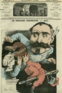Karikatur „der Husar verfolgt (von Marianne, die seine Nase macht), Monsieur de Saint-Genest (Saint Genest). Titelblatt in „L