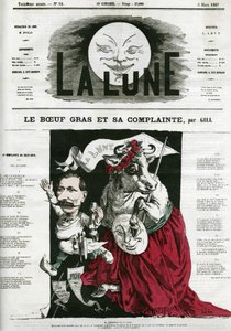 Le Boeuf gras et sa lamentte, Illustration eines Liedes. Karikatur von Gill, in „La Lune“, 3. März