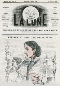 Porträt von Adelina (1843-1919) und Carlotta Patti (1835-1889), italienische Opernsängerinnen. Karikatur von Gill, in „The Moon“, 25. November
