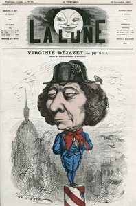 Porträt von Virginie Dejazet (1798-1875), französische Schauspielerin in der Rolle von Bonaparte. Karikatur von Gill, in „La Lune“, 10. November