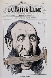 Der Lebkuchenmarkt, ein distinguierter Amateur: Karikatur von Jules Ferry antiklerikal - in „Der kleine Mond“