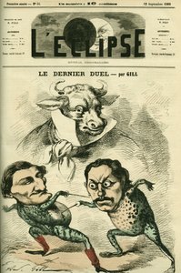Das letzte Duell, Prospero-Olivier Frösche (Prosper Olivier) Lissagaray (1838-1901) und Paul Granier de Cassagnac (1842-1904) wollen so groß wie Rinder sein, Alfred de Musset und Victor Hugo darstellend. Titelblatt in „L