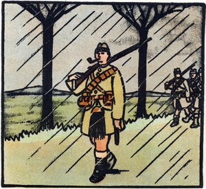 Erster Weltkrieg 1914-1918: Highlander. Die Soldaten aus Schottland kamen, um der französischen Armee zu helfen. Ihre Militäruniform besteht aus einem Kilt. Gravur in 