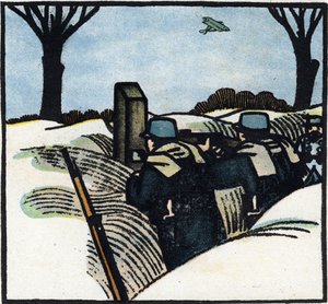 Erster Weltkrieg 1914-1918: Soldaten der französischen Armee in einem Graben. Gravur in „Alphabet des Großen Krieges 1914-1916 (für die Kinder unserer Soldaten)“. Editions Berger-Levrault