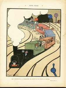 Illustration von Andre Helle (1875-1945) in Le Rire, 25/01/08 - Kleine Geschwindigkeit - Transport, Zug, Eisenbahn, Westliche Gesellschaft