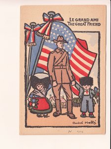 Postkarte, Satirisch in Farben: Le grand ami der große Freund - Krieg von 14-18, Amerika, Elsass-Lothringen Illustration von Andre Helle (1875-1945)