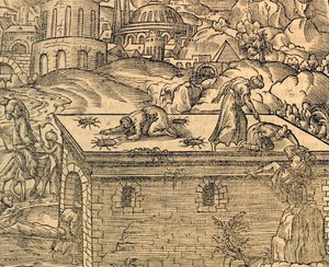 Christlicher Friedhof von Acheldemach, Stich aus Cosmographie universelle, von Andre Thevet (1504-1592), Paris