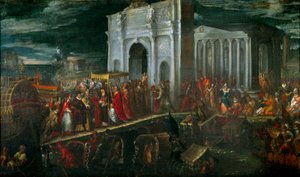 Empfang des Herzogs von Anjou in San Nicolo di Lido in Venedig durch den Dogen Moncenigo, während seiner Rückreise von Polen nach Frankreich, 28. Juli