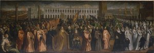Die Dogaressa Marina Morosini-Grimani verlässt den Palazzo Grimani zu ihrer Krönung im Palazzo Ducale, Venedig