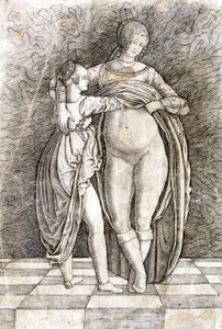 Ein junges Mädchen zieht eine Frau aus. Gravur von Andrea Zoan. 15. Jahrhundert von Andrea (attr. to) Zoan