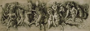 Schlacht der Meeresgötter (Feder & braune Tinte auf Papier) von Andrea (workshop of) Mantegna