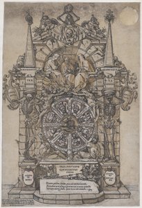 Triumph des Todes mit drei Schicksalsgöttinnen in einem architektonischen Rahmen über einem Glücksrad, 1588 von Andrea Andreani