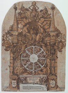 Triumph des Todes mit drei Schicksalsgöttinnen in einem architektonischen Rahmen über einem Glücksrad, flankiert von Skeletten; ein Schädel und eine Sanduhr oben und mit einem Rad, das sich in der Mitte drehen soll