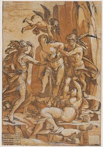 Tugend als junge Frau in der Mitte von vier Figuren, die Liebe, Irrtum, Unwissenheit darstellen, 1585 von Andrea Andreani