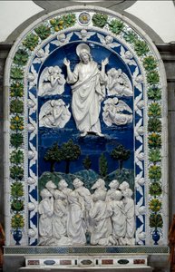 Himmelfahrt Jesu in den Himmel mit Unserer Lieben Frau und elf Aposteln, Keramikrelief von Andrea della Robbia (1435-1525) um 1490, Santuario della Verna, Italien