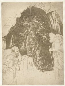 Maria mit Kind umgeben von Engeln in einer Grotte mit Josef und König in Anbetung von Andrea Mantegna (school of)