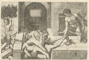Merkur als Personifikation der Tugend rettet Seelen im Vorhof und Daphne verwandelt sich in einen Baum von Andrea Mantegna (school of)