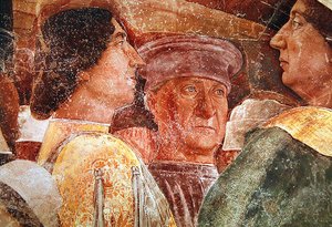 Ankunft von Kardinal Francesco Gonzaga, Detail von Mantegna und Höflingen auf der rechten Seite (Detail)