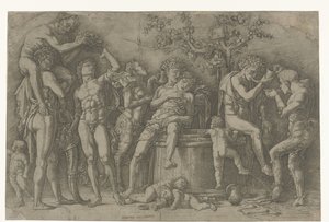 Bacchanal mit Satyrn und Bacchantinnen bei der Weinpresse