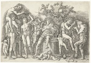Bacchanal mit Satyrn und Bacchantinnen bei der Weinpresse