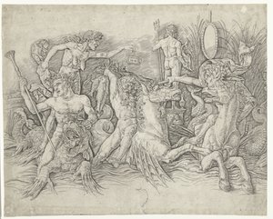 Kampf zwischen Satyrn auf Hippokampen und alter Frau als Personifikation des Neids auf dem Rücken eines Drachen von Andrea Mantegna