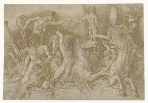 Kampf zwischen Satyrn auf Hippokampen und einer alten Frau als Personifikation des Neids auf dem Rücken eines Drachen von Andrea Mantegna