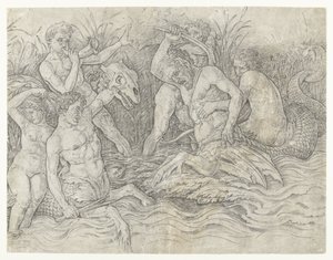 Kampf zwischen Tritonen mit Nereiden auf ihrem Rücken von Andrea Mantegna