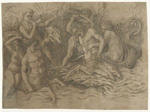 Kampf zwischen Tritonen mit Nereiden auf ihren Rücken von Andrea Mantegna
