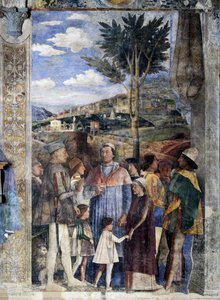 L. Gonzaga, seine Söhne Kardinal Francesco Gonzaga, Federico I Gonzaga, Francesco, Sigismondo, rechts, Heiliges Römisches Reich Kaiser Friedrich III, Christian I von Dänemark, Treffen Wand (Detail) von Andrea Mantegna