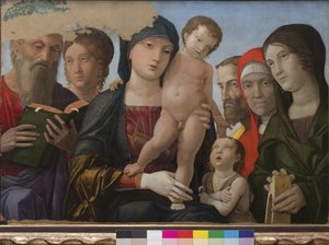 Madonna mit Kind, St. Johannes, St. Katharina von Alexandria und anderen Heiligen von Andrea Mantegna
