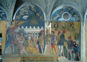 Marchese Ludovico Gonzaga III, seine Frau Barbara von Brandenburg, ihre Kinder, Höflinge und ihr Hund Rubino, aus der Camera degli Sposi oder Camera Picta, 1465-74 von Andrea Mantegna