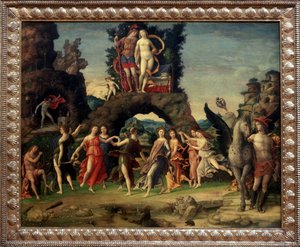 Mars und Venus oder Der Parnass. Gemälde, das Mars und Venus auf dem Felsen, Pegase und Merkur, Apollo und die neun Musen Calliope (epische Poesie), Clio (Geschichte), Erato (lyrische Kunst), Euterpe (Musik), Melpomene (Tragödie), Polymnie (Rhetorik), Terp
