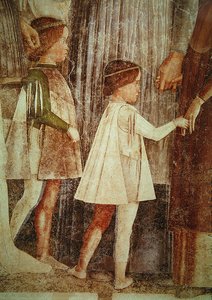 Ankunft von Kardinal Francesco Gonzaga, begrüßt von seinem Vater Marchese Ludovico Gonzaga III und seinen Brüdern, Detail der Gonzaga-Kinder (Detail) von Andrea Mantegna