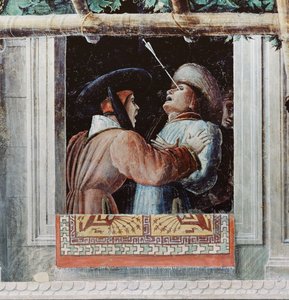 Das Martyrium des heiligen Christophorus, Detail eines Mannes, der mit einem Pfeil ins Auge geschossen wurde, ca. 1450-56