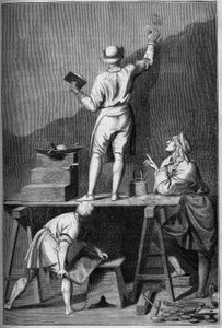 Vorbereitung des Gipses für eine Freskomalerei (Affresco). Zeichnung von Chevignard nach Andrea Pozzo