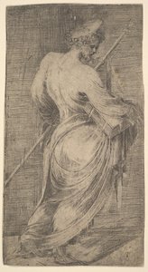 Sankt Jakobus der Ältere, der einen Stab und ein Buch hält, nach rechts blickend, aus Christus und die Apostel, ca. 1548-50 von Andrea Schiavone
