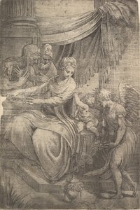 Die Heilige Familie, ein Engel mit Blumen nähert sich von rechts, ca. 1550-53 von Andrea Schiavone