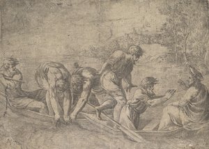 Der wunderbare Fischfang, Christus rechts begleitet von Aposteln, ca. 1548-52 von Andrea Schiavone