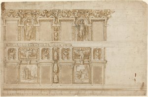 Prunkvolle Wand mit Skulpturen und Gemälden verziert
