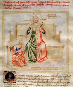 Allegorie der Dialektik in „Chansonne des sept Vertus et des sept Arts liberales destinee a Bruzio Visconti“ (La Canzone delle Virtu e delle Scienze) von Bartolomeo di Bartoli. Aquarell von Andrea di Bartoli (aktiv zwischen 1358 und 1368)