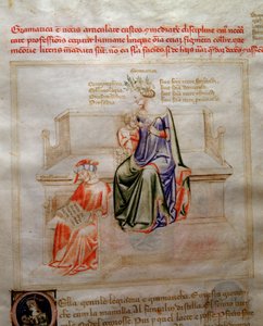 Allegorie der Grammatik in „Chansonne des sept Vertus et des sept Arts liberales destinee a Bruzio Visconti“ (La Canzone delle Virtu e delle Scienze) von Bartolomeo di Bartoli. Aquarell von Andrea di Bartoli (aktiv zwischen 1358 und 1368)